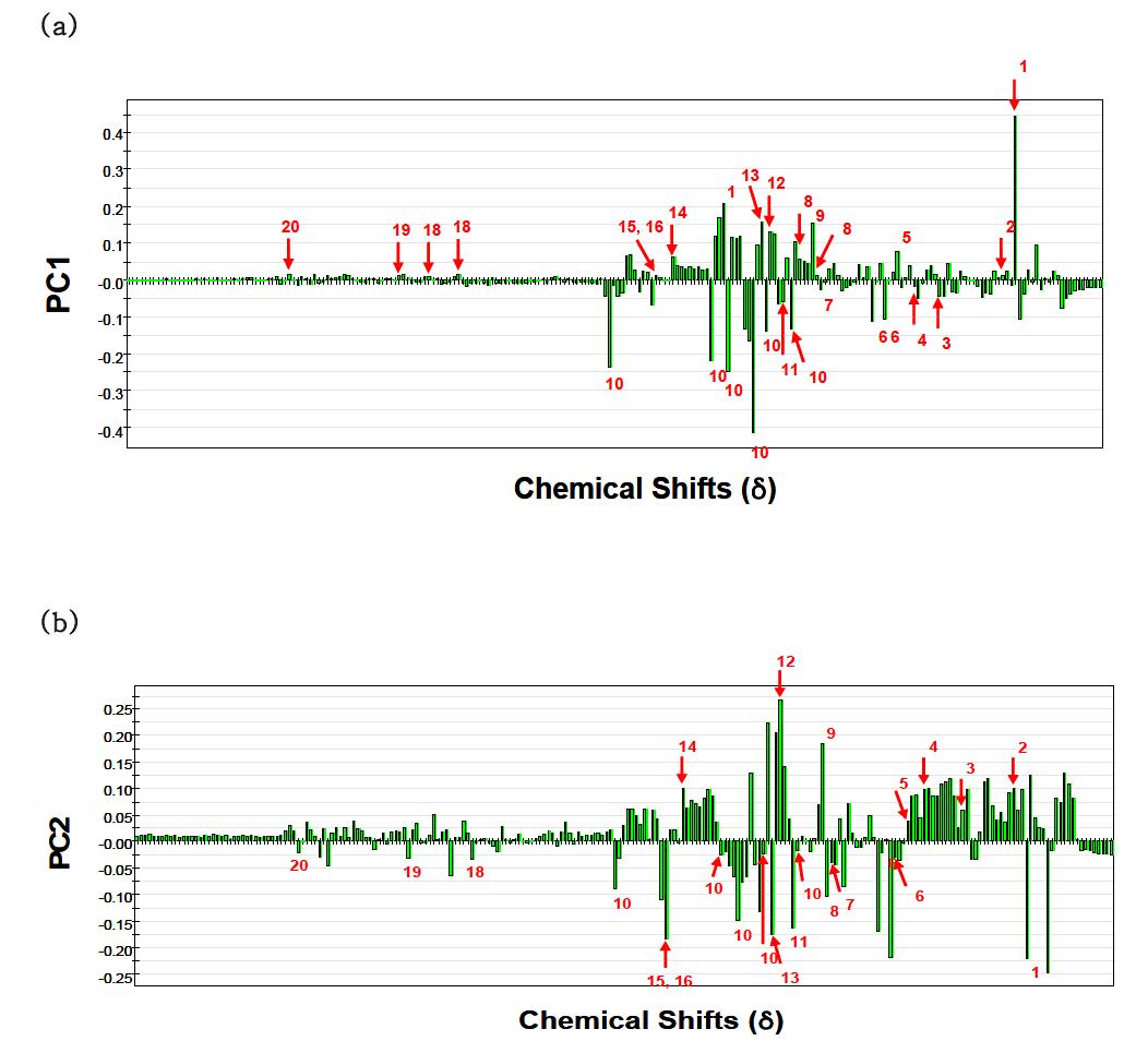 주성분분석에 의한 표준제조메주 발효전환 metabolomic profiling 의 변화를 나타내는 loading plot
