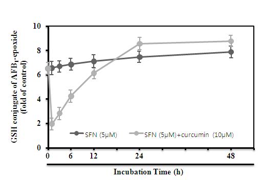 Effect of curcmin on GST activity and level in AML-12 cells according to the time of treatment. Cells were pretreated with the indicated 5 μM SFN for 12h, and treated with the indicated 10 μM curumin for the indicated time. The cell lysates were incubated with AFB1, human liver microsomes, an NADPH-generating system, and 5 mM GSH. GST activity toward AFBO was detected by HPLC