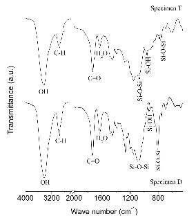 PMMA/실리카 (DMDES) 및 PMMA/실리카 (TEOS) 나노복합체의 FTIR 측정결과