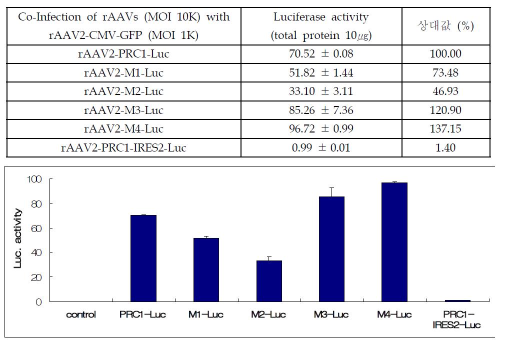 Promoter activities of rAAV2-Luc vectors containing PRC1 and its deleted mutants