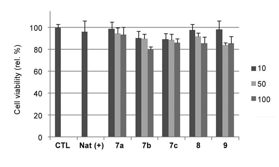 세포 독성 검사 (MTT assay), (+/-) lipofectamine, Nat: 가공하지 않은 siRNA, 아미노산(5‘)-알킬사슬(2’, 3‘)-몰비율 (지질: siRNA) 로 표기됨.