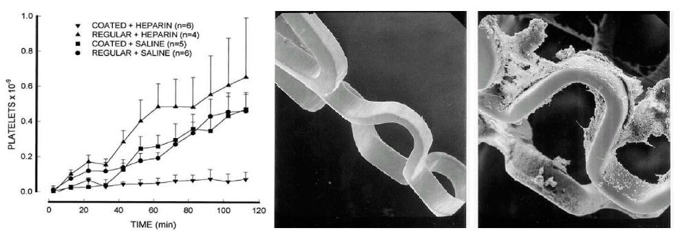 혈전형성의 비교 전자현미경 사진(왼쪽: 헤파린코팅, 오른쪽: bare stent)