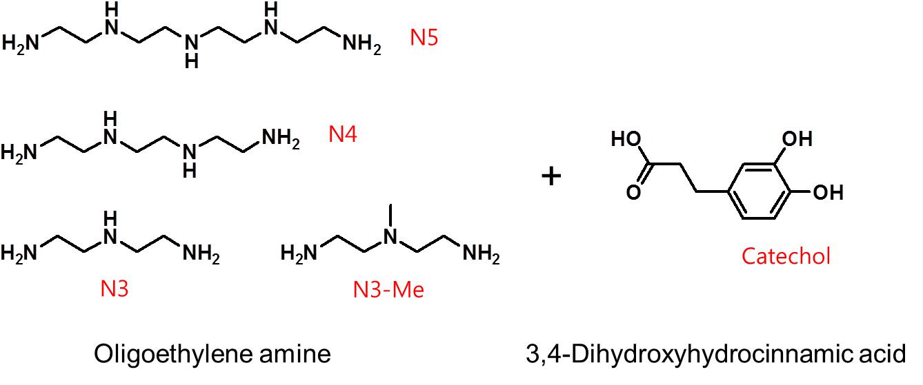 합성에 사용된 Oligoethylene amine과 카테콜유도체의 화학 구조식