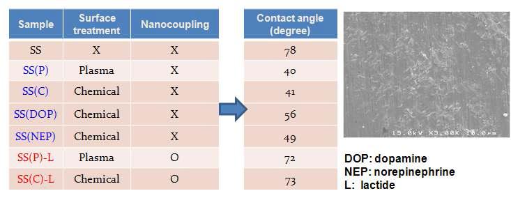 표면 개질된 스테인레스 스틸 표면의 접촉각 및 SEM 이미지