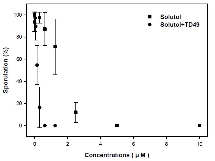 Sporulation ratio of Ulva pertusa kjellman exposed to differnet concentrations of TK49+Solutol and Solutol.