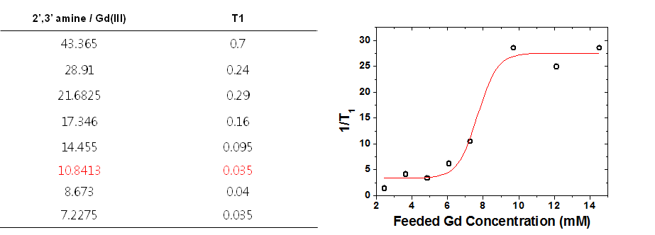 Gd-PEI 나노겔의 2차 3차 아민/Gd3+ 이온 비율에 따른 T1 값을 정리한 표 (좌) 와 Gd3+ 이온 농도에 따른 1/T1 값의 변화