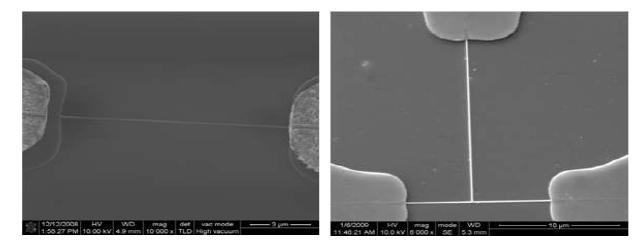 제작된 소자의 SEM 사진: 일자형 100 nm (좌), T 자형 100 nm (우)