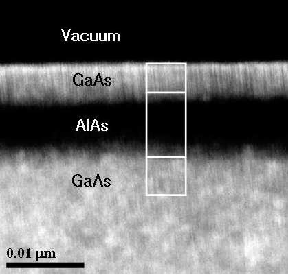 GaAs/AlAs/GaAs 다층박막 시료의 TEM 사진.