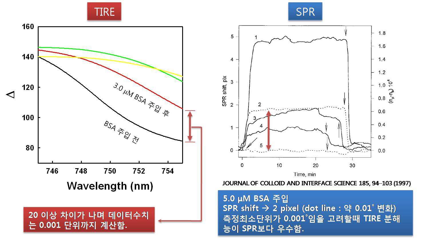 TIRE 와 SPR 의 BSA 흡착 검지 민감도 비교.