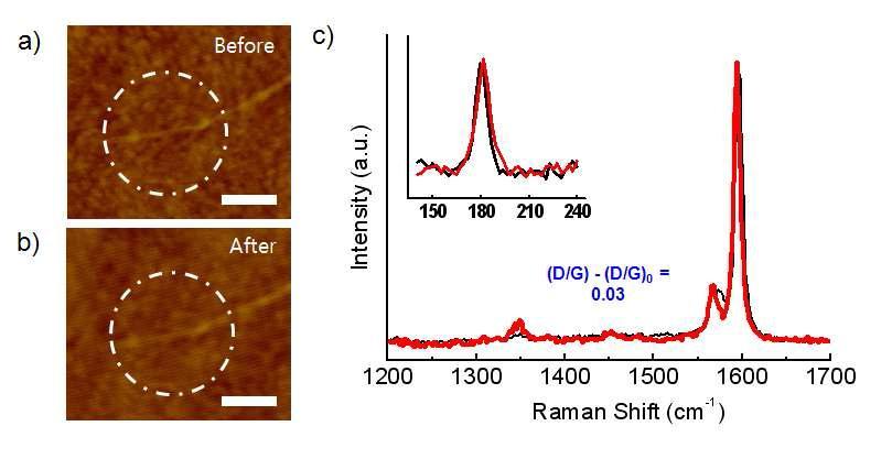 반도체성 나노튜브와의 hydrosilylation 반응 전후 AFM 이미지 및 Raman 스펙트럼
