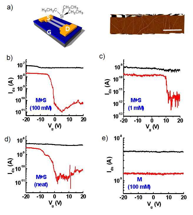 a) SWNT-FET 개요 및 AFM 이미지 b)-d) 네트워크 형태의 나노튜브 소자에서 다양한 농도변화에 따른 게이트 전압에 의한 전류 변화 e) 단일 금속성 나노튜브에서 게이트 전압에 따른 전류 변화