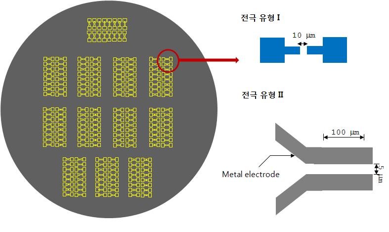 본 연구에서 사용될 고집적도 질화실리콘 기반 shadow mask의 전체 모양과 전극 유형