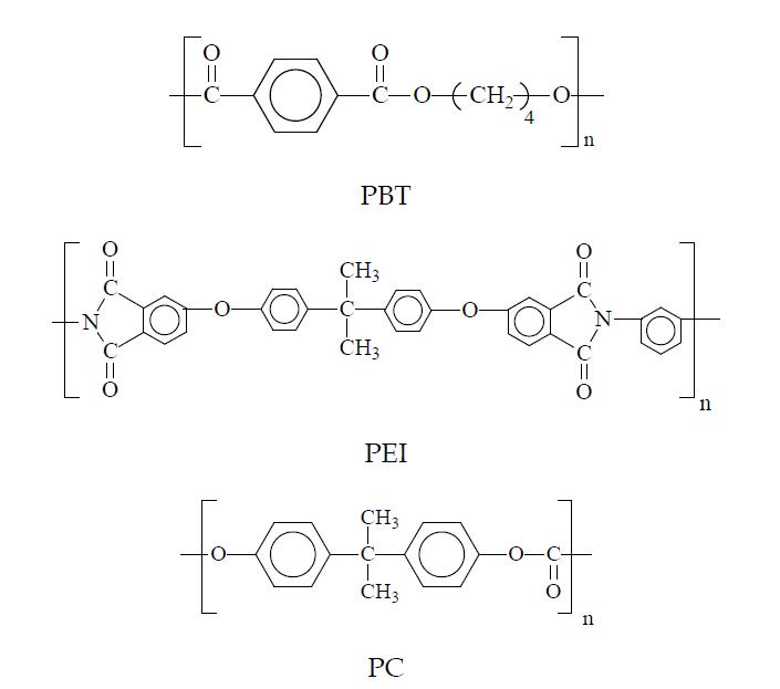에폭시, D-230, PBT, PEI와 PC의 화학적 구조식