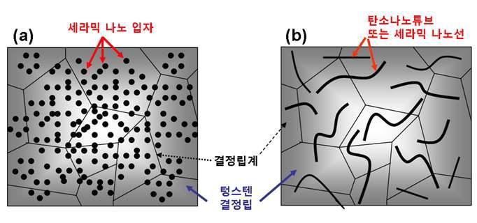 나노금속복합재료 설계개념 모식도, (a) 세라믹 나노입자 강화 텅스텐 복합재료, 그리고 (b) 세라믹 나노와이어 강화 텅스텐 복합재료