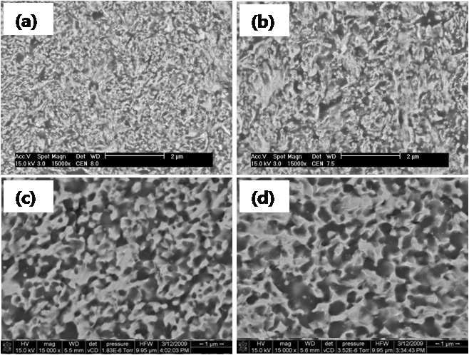 ZrN/W 나노금속복합재료의 SPS 소결온도에 따른 미세조직. (a) 1400℃, (a) 1500℃, (a) 1600℃, (a) 1700℃