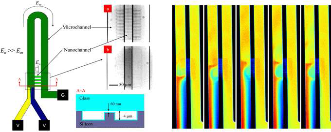 (좌) 비평형 전기삼투 현상을 이용한 마이크로믹서의 구조도 (우) 및 마이크로채널과나노채널이 만나는 부분에서의 와류의 가시화
