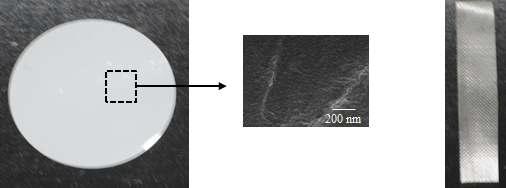 (좌)10 nm 세공 크기를 가지는 다공성 polycarbonate 막의 실제 모습 및 주사전자현미경으로 찍은 모습 (우) Nafion 막의 실제 모습