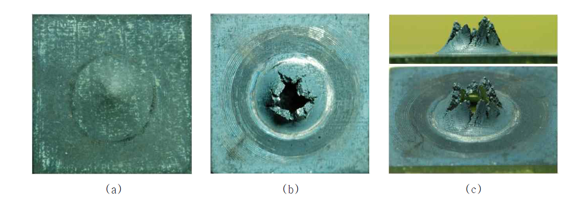 DS 니켈기 초합금강 SP 크리프 테스트 시편 사진, (a) #1(Longitudinal, 760℃, 1240N),(b ~ c) #2(Longitudinal, 760℃, 1479N)