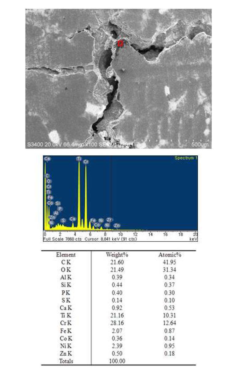 SP 크리프 시험 시편의 표면 SEM 사진 및 EDS 분석결과(균열 시작점), 실험 #16 (Transverse, t=0.5mm, 760℃, 347N)