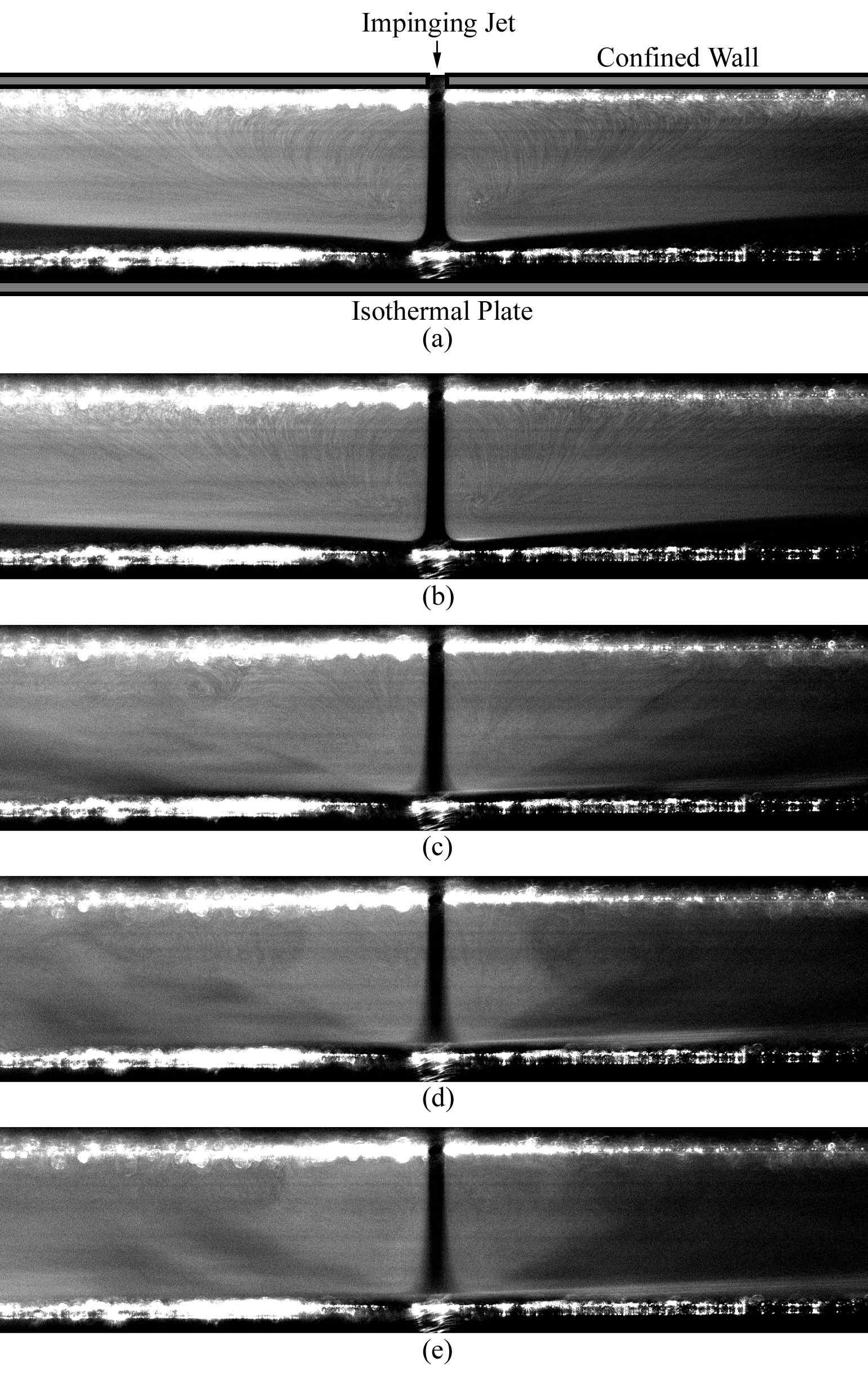 Photographs of the impinging jet flow pattern at H/B = 10 for different Reynolds numbers; (a)Re = 120, (b) Re = 140, (c) Re= 160, (d) Re = 180 and (e) Re= 200