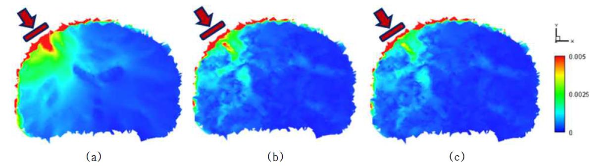 모델 2의 coronal 단면 전기장 분포 양상 및 세기 : (a) 비등방성 모델, (b) 백질 지역 비등방성 비율 10, 두개골 지역 비등방성 비율 2로 고정시킨 모델, (c) 백질 지역 비등방성 비율 10, 두개골 지역 비등방성 비율 10으로 고정시킨 모델