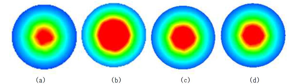 Circular 코일을 이용한 TMS 머리영역 자기장 해석 (axial 영역) : (a) 모델 1, (b) 모델 2, (c) 모델 3, (d) 모델 4