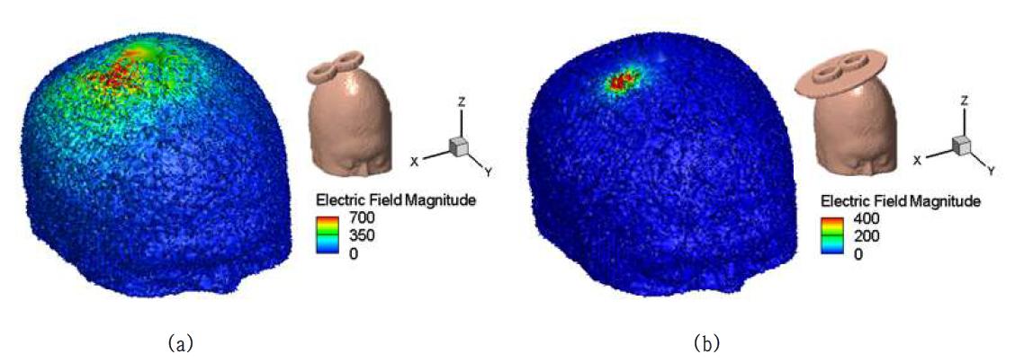 머리표면에서 (a) FOE 코일 모델과 (b) 차폐판을 적용시킨 FOE 코일 모델의 유도전기장 세기 및 분포 양상