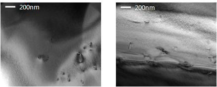 경사형버퍼 태양전지의 투과전자현미경의 평면(좌) 및 단면(우) 이미지
