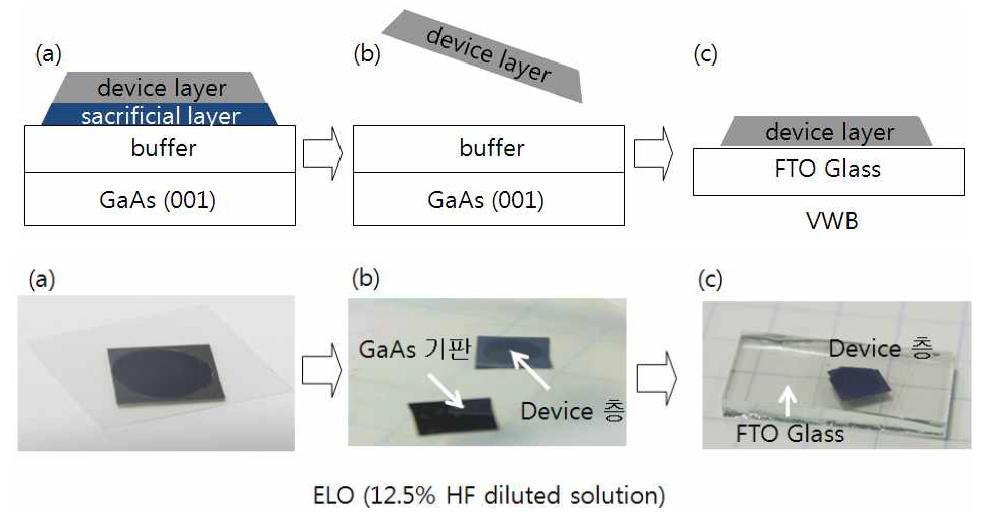 GaAs 기판위에 성장한 소자층을 분리하는 과정의 모식도(위) 및 사진(아래)