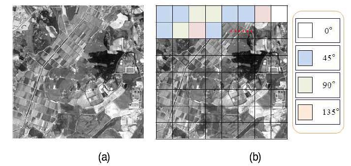 블록별 우세 에지 방향; (a) 위성영상의 I영역 및 (b)I 영역의 n×n 블록별 우세 에지 방향