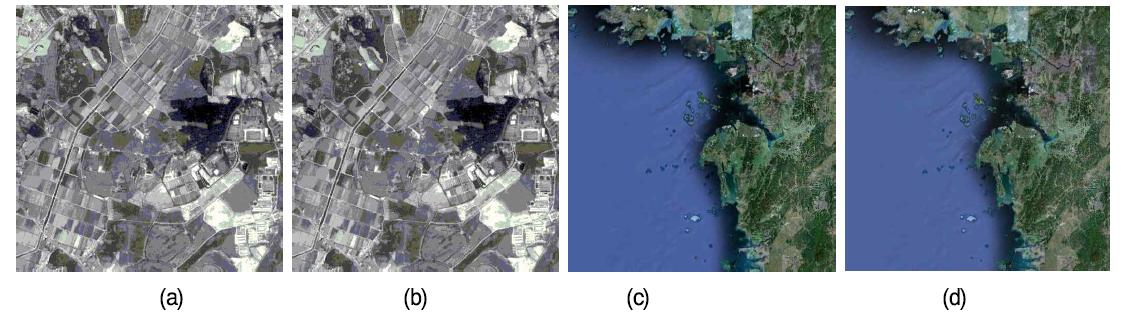 (a) 원본 및 (b) 워터마크된 근거리 위성영상과 (c) 원본 및 (d) 워터마크된 원거리 위성영상