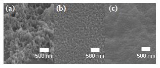 SEM images of prepared PPy thin films: (a) LPP; (b) VPP, FTS Solid contents 5%; (c) FTS Solid contents 35%.