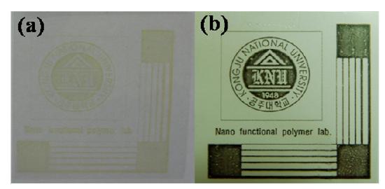 Photographs of patterned PPy thin films on PET by an ink-jet printer: (a) FTS coated PET film; (b) patterned PPy thin film using FTS coated PET film.