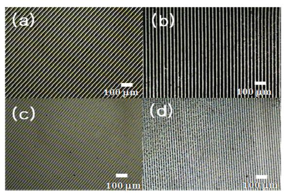 Photographs of patterned PPy thin films on PET by soft lithography: (a) PDMS mold A; (b) The patterned PPy image by mold A; (c) PDMS mold B; (d) The patterned PPy image by mold B.