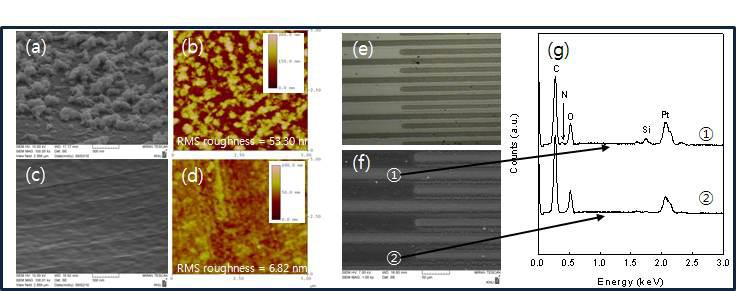 PPy계 전도성 박막의 특성 분석, (a), (b) PPy (FTS = 10 wt%)의 SEM & AFM topology image, (c), (d) PPy-SiO2 hybrid (FTS = 10 wt%)의 SEM & AFM topology image, (e), (f) MIMIC법으 로 패턴된 PPy-SiO2 hybrid 박막의 패턴의 광학 현미경과 SEM image, (g)패턴된 부분과 안된 부분의 EDS 분석 결과