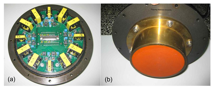 Photographs for an opened sensor module for four transducer quadrants with pre-amplifiers electronics and amplitude weighting transformers installed on the PCB (a) and a 50 kHz split-beam transducer assembly developed in this study (b).