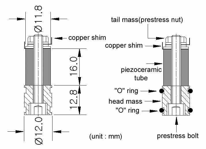 Structure and schematic diagram of a 50 kHz tonpilz type transducer developed in this study.