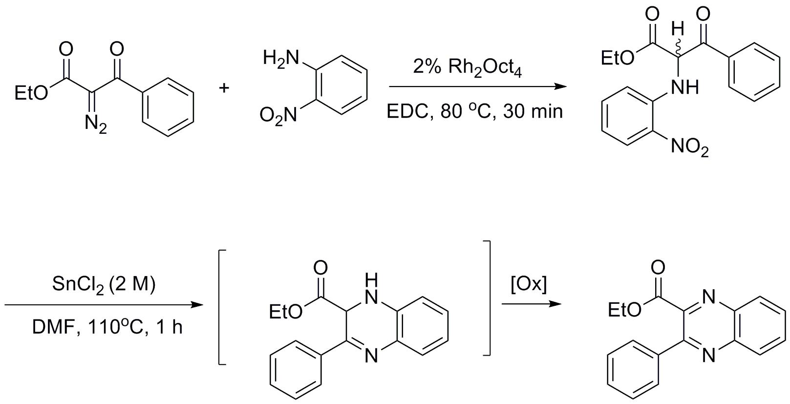 Soution-phase test reaction II: Synthesis of quinoxaline from diazocarbonyl compound