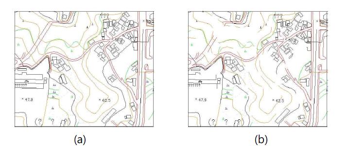 (a) 1:5000 디지털 맵 상의 한 지역과 (b) 50% 객체에 자르기가 수행된 디지털 맵