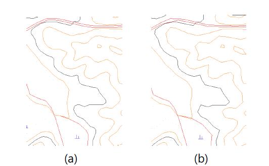 1:25000 디지털 맵의 (a) 아래 부분과 (b) 50% 꼭지점이 삭제된 부분