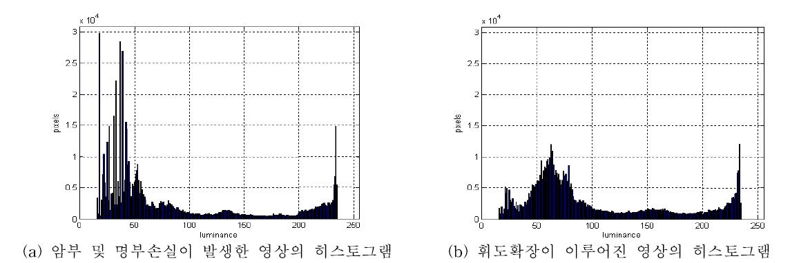 휘도확장에 대한 영상의 히스토그램의 변화