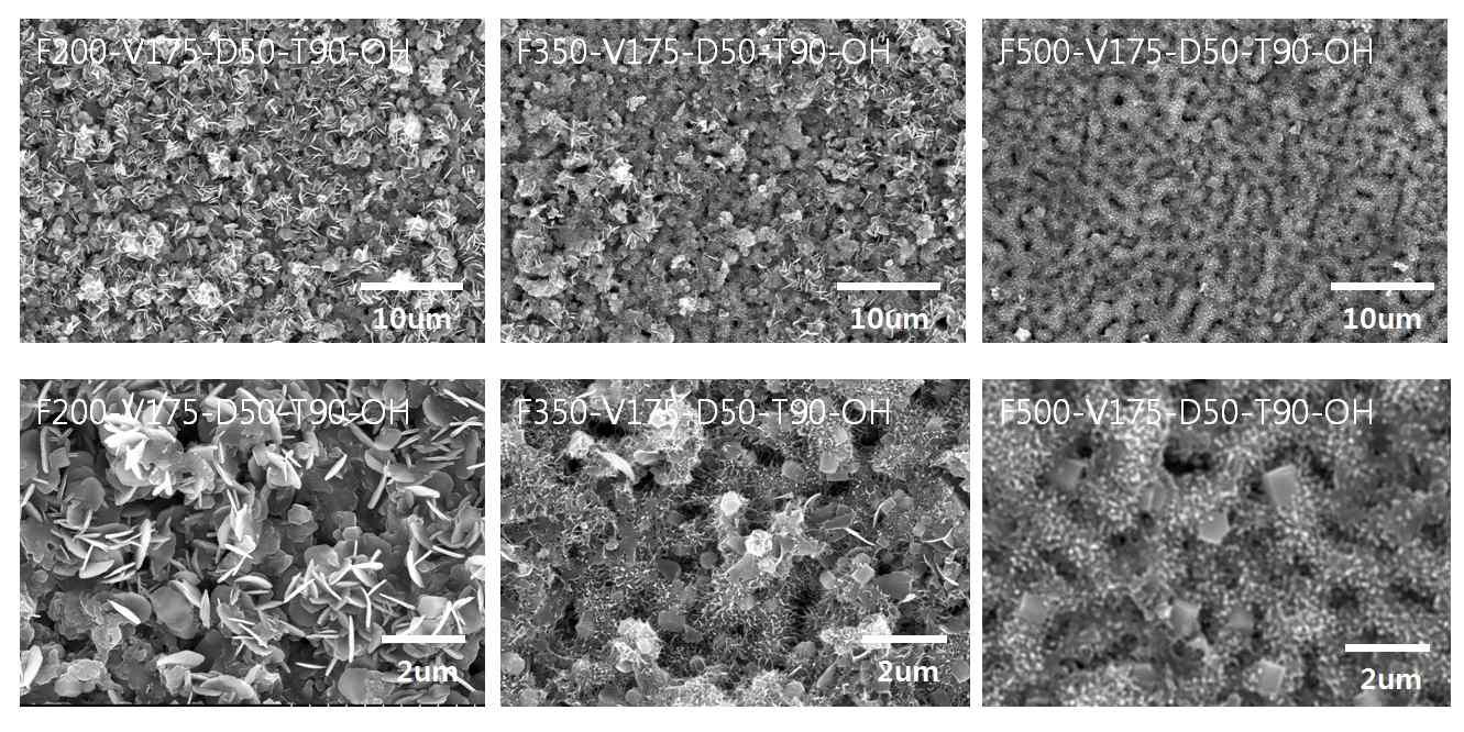 주파수를 변화시켜 MAO 처리한 시편들을 알카리 용액에서 열수처리(OH처리)한 시편들의 SEM 사진