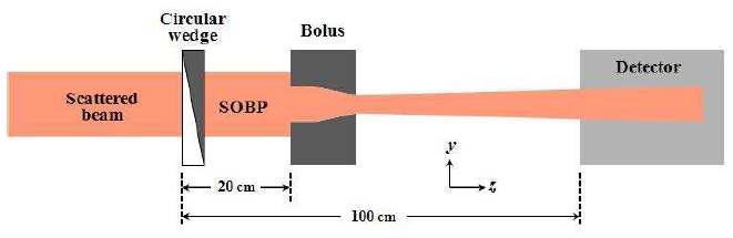 160 MeV 양성자 빔을 알루미늄 산란체와 collimator를 이용하여 직경이 160 mm가 되도록 공간적으로 균일하고 넓게 분산시킨 다음, rotation circular wedge와 보상체(compensation Bolus)를 이용하여 SOBP(Spreaded-Out BraggPeak) 빔을 형성하여 환자 몸 속 150 mm 깊이에 위치한 직경 40 mm 크기의 종양에 집속시킬 수 있도록 GEANT4에 구현된 치료빔 라인.