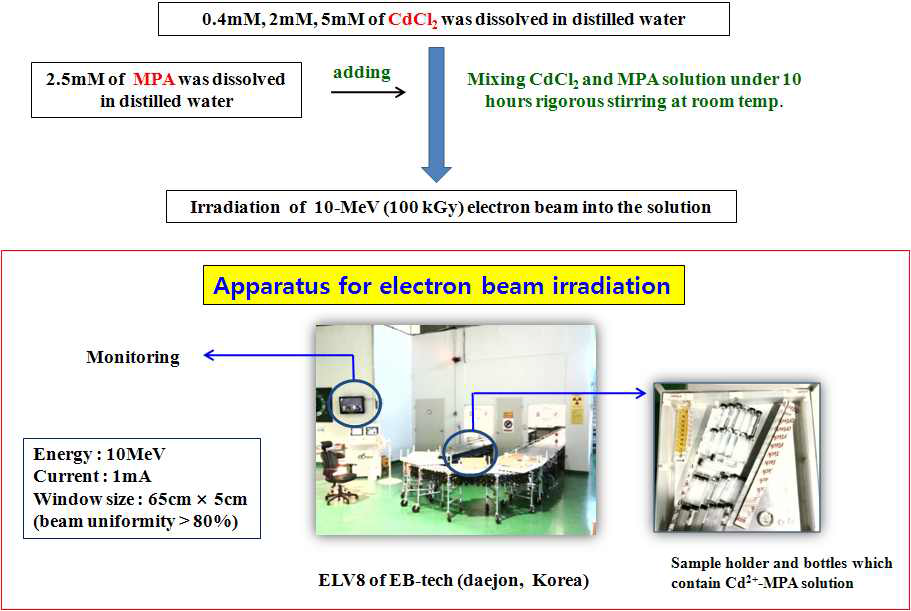 전자빔 조사를 이용한 CdS 양자점의 합성 과정의 도해.
