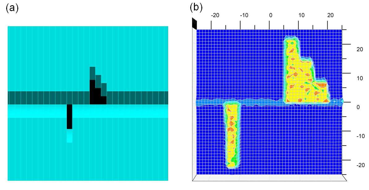 (a) Modeled multi-leaf collimator position for acutance verification and (b) dose distrbution in a X-Y plane given by the modulated beam at 16 mm depth in a water phantom.