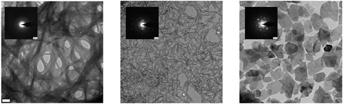 (a) 합성 Imogolite, (b) rodlike-Boehmite, (c) plateletlike-Gibbsite의 TEM 이미지. (내부 첨부 사진; 각 샘플의 회절 패턴)