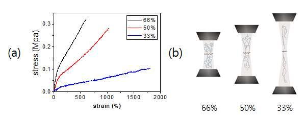 (a) 합성비율에 따른 hydrogel의 인장력 테스트, (b) 그에 따른 인장실험 모델.