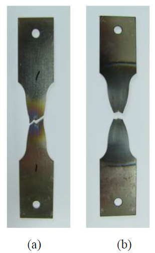 Fractured test specimens for Zircaloy at the temperature (a) 400˚C and (b) 800˚C