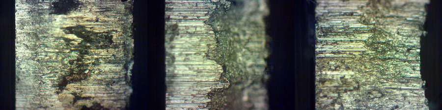 Features of sheared edges for punch velocities of 100mm/min (left), 300mm/min (middle) and 500mm/min (right)