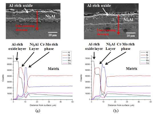 900℃, 대기환경에서 1000시간 산화된 시편의 SEM image 및 EPMA line scanning 결과 (a) 600℃, 24h , (b) 800℃, 24h